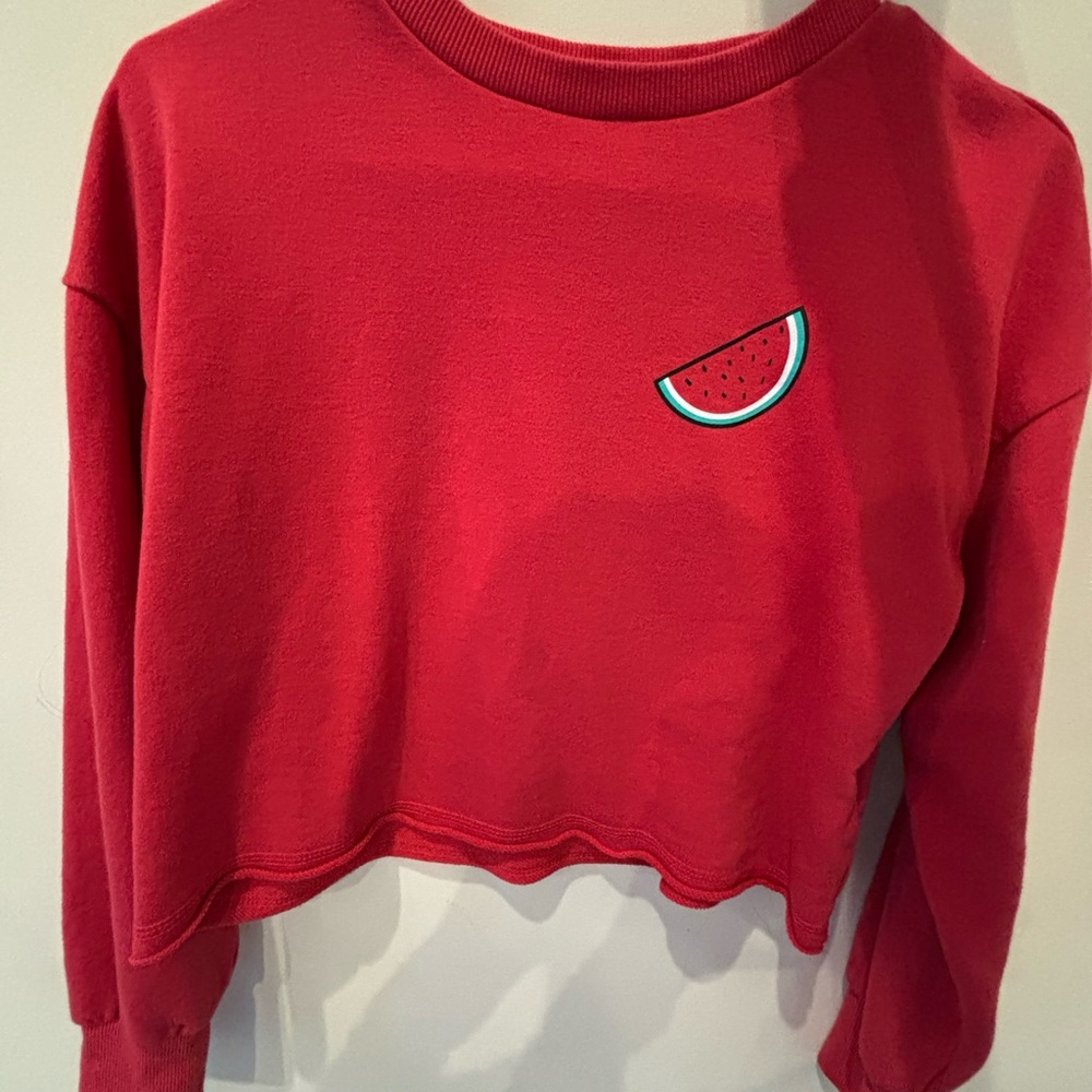 Super Cute Bright Red Watermelon Print Cropped Sweatshirt Size XS